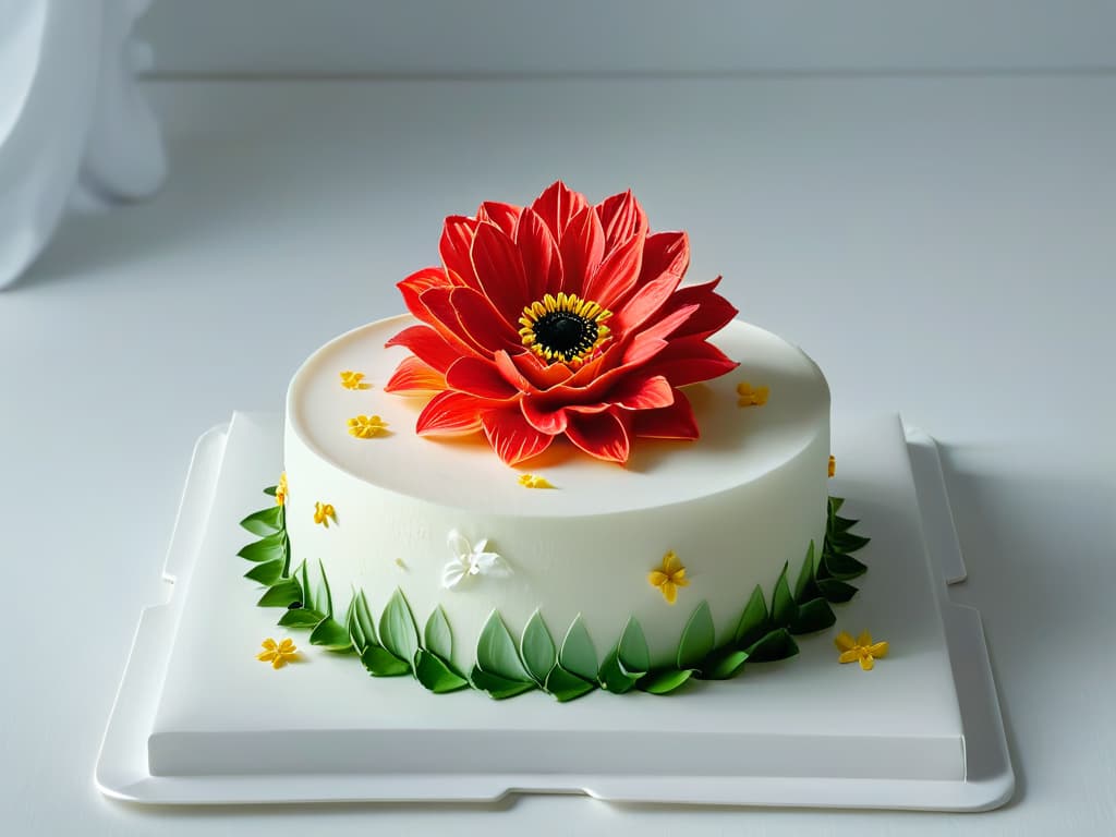  An intricate closeup photograph of a delicate, handcrafted sugar flower, showcasing the meticulous details and vibrant colors. The flower sits on a sleek, modern white plate, with soft natural light illuminating its intricate petals and fine textures, creating a mesmerizing contrast between the organic beauty of the flower and the clean, minimalist background. hyperrealistic, full body, detailed clothing, highly detailed, cinematic lighting, stunningly beautiful, intricate, sharp focus, f/1. 8, 85mm, (centered image composition), (professionally color graded), ((bright soft diffused light)), volumetric fog, trending on instagram, trending on tumblr, HDR 4K, 8K