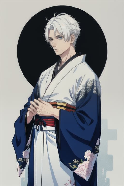  Male, handsome, beautiful, inn, short hair, kimono, white hair