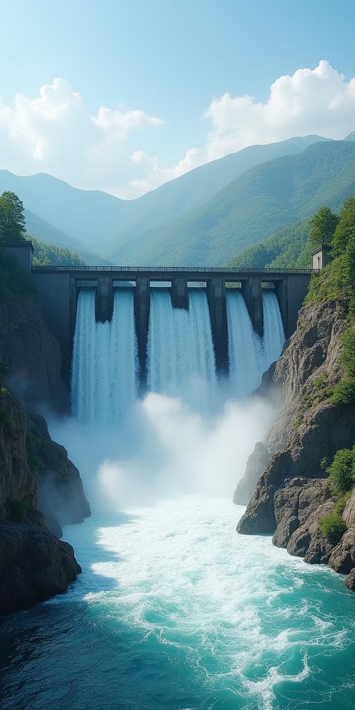  good quality, high quality, hydroelectric dam with rushing water and electric turbines turning with the force of the flowing river water , generating clean energy for ecology and zero carbon targets