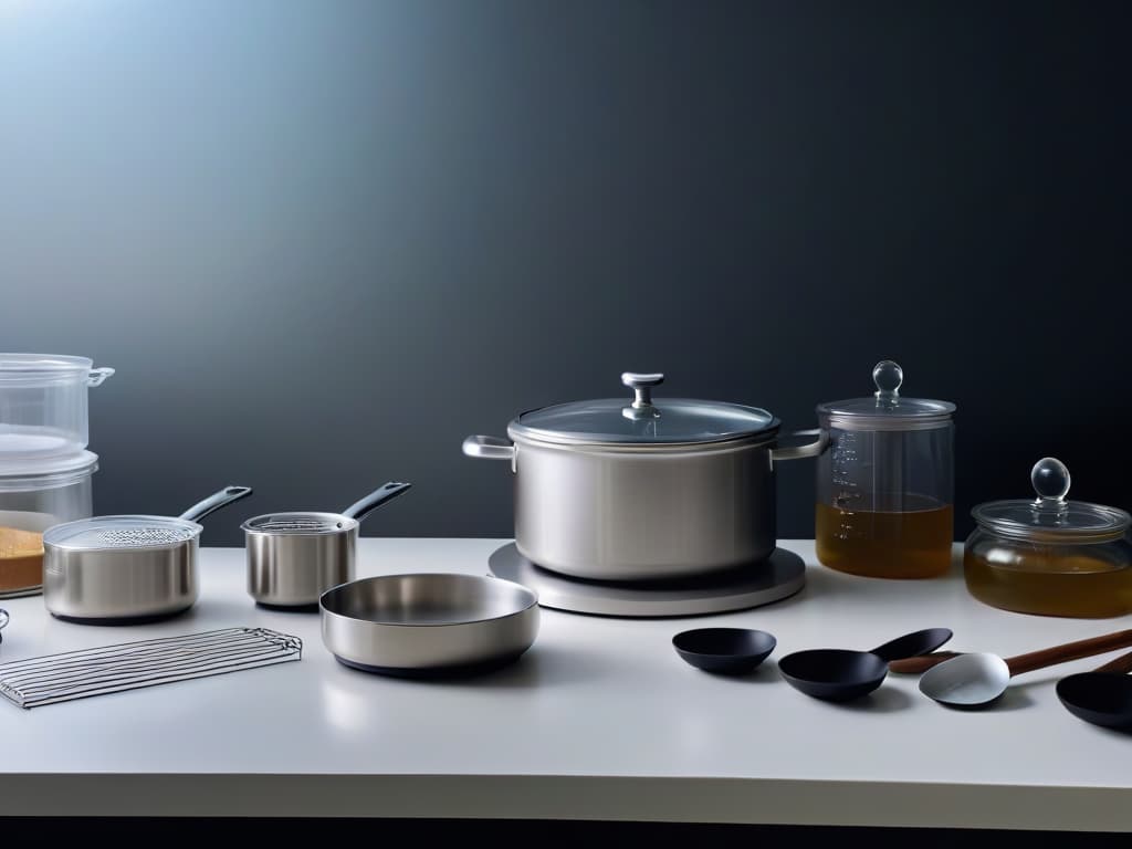  An 8k ultradetailed image of a sleek, minimalistic kitchen counter lined with a row of exquisite highend baking utensils in various metallic finishes, including spatulas, whisks, and measuring spoons. The utensils are elegantly arranged with soft, diffused lighting highlighting their luxury design and craftsmanship, creating a visually stunning and aspirational scene for the readers of the article. hyperrealistic, full body, detailed clothing, highly detailed, cinematic lighting, stunningly beautiful, intricate, sharp focus, f/1. 8, 85mm, (centered image composition), (professionally color graded), ((bright soft diffused light)), volumetric fog, trending on instagram, trending on tumblr, HDR 4K, 8K