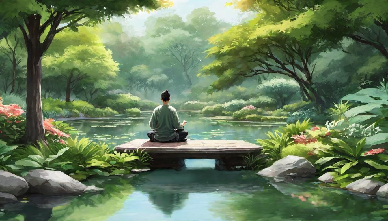  digital illustration, 1person, sitting cross legged, in a serene garden, eyes closed in peaceful meditation, surrounded by lush greenery, tranquil pond to one side, muted colors, soft focus, calm, introspective, looking at viewer, dynamic pose, (intricate details, masterpiece, best quality)