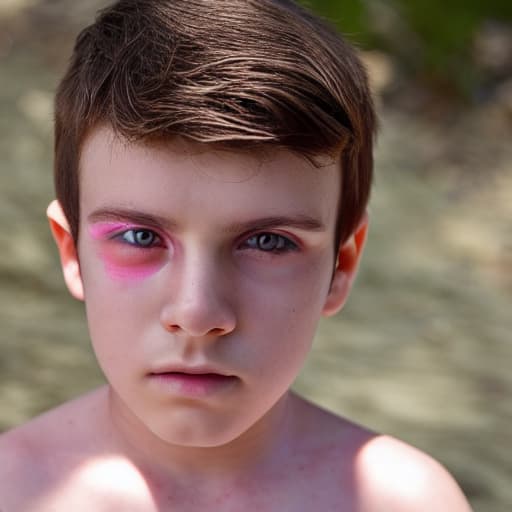  Boy with brown hair with white streaks, white skin, greenish eyes and a scar on his eye, pink and full lips.