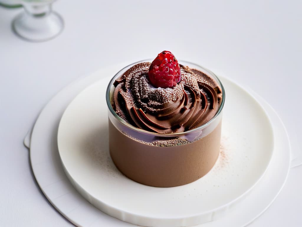  An ultradetailed image of a decadent chocolate avocado mousse in a sleek, modern glass dessert cup. The rich, creamy mousse is perfectly smooth, topped with a sprinkle of unsweetened cocoa powder and a single fresh raspberry perched on the edge of the glass. The minimalist presentation showcases the velvety texture of the mousse against a clean, white backdrop, creating a visually striking and appetizing image that entices the viewer to indulge in a guiltfree, sugarfree treat. hyperrealistic, full body, detailed clothing, highly detailed, cinematic lighting, stunningly beautiful, intricate, sharp focus, f/1. 8, 85mm, (centered image composition), (professionally color graded), ((bright soft diffused light)), volumetric fog, trending on instagram, trending on tumblr, HDR 4K, 8K