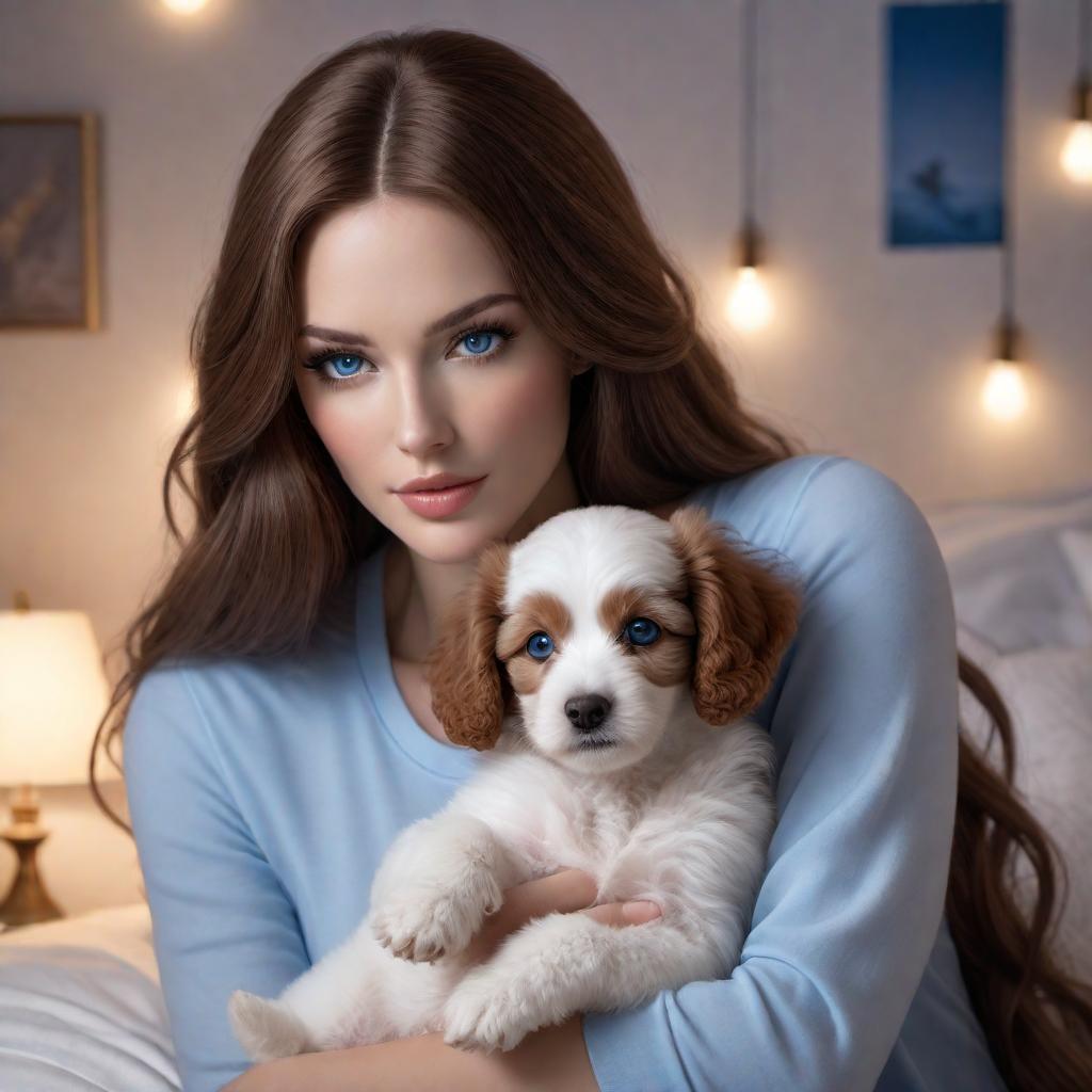  Create a realistic and warm ilration of a 10 with long brown hair and blue eyes, lying down in at night. She is gently holding a small brown and white poodle puppy. Both the and the puppy are in a comfortable, relaxed pose, ready to fall asleep. The room is dimly lit, suggesting it is nighttime, with soft lighting to create a cozy atmosphere. The has a plush ding and pillows to emphasize comfort. hyperrealistic, full body, detailed clothing, highly detailed, cinematic lighting, stunningly beautiful, intricate, sharp focus, f/1. 8, 85mm, (centered image composition), (professionally color graded), ((bright soft diffused light)), volumetric fog, trending on instagram, trending on tumblr, HDR 4K, 8K