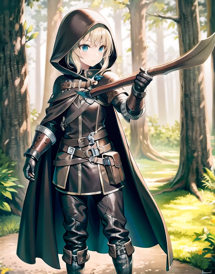  master piece , best quality,Leather armor, hooded cape, hooded cloak, boots, pants, tunic, pouch, belt, gloves, gauntlets, bow, arrows, dagger, nature lover, calm and collected, high shooting accuracy, concentration, girl