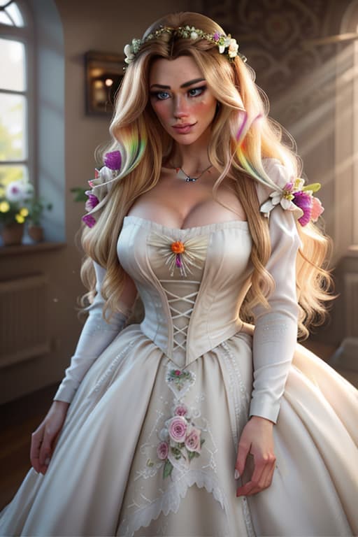  detailed and realistic portrait of a rapunzel maid with a few freckles, long blonde disheveled hairs, multicolor mesmerizing eyes, dark fluffy dress, soft natural lighting, portrait photography, magical photography, dramatic lighting, photo realism, ultra detailed, intimate portrait composition, flowers in background, Leica 50mm, f1. 4 hyperrealistic, full body, detailed clothing, highly detailed, cinematic lighting, stunningly beautiful, intricate, sharp focus, f/1. 8, 85mm, (centered image composition), (professionally color graded), ((bright soft diffused light)), volumetric fog, trending on instagram, trending on tumblr, HDR 4K, 8K