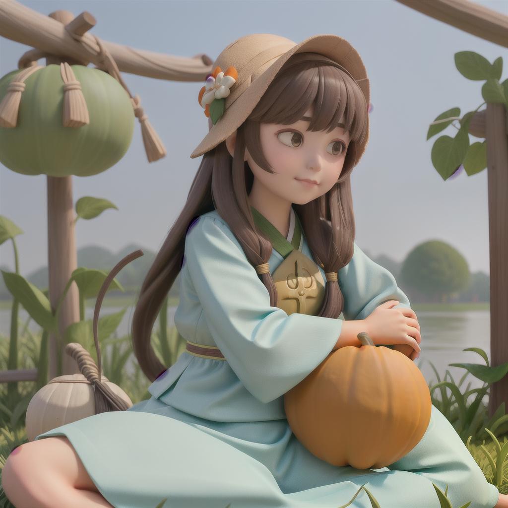 In spring, on the surface of the West Lake floated a gourd. On the gourd lay a girl with her crossed and her head resting on her arms. The gourd leaves floated above her head