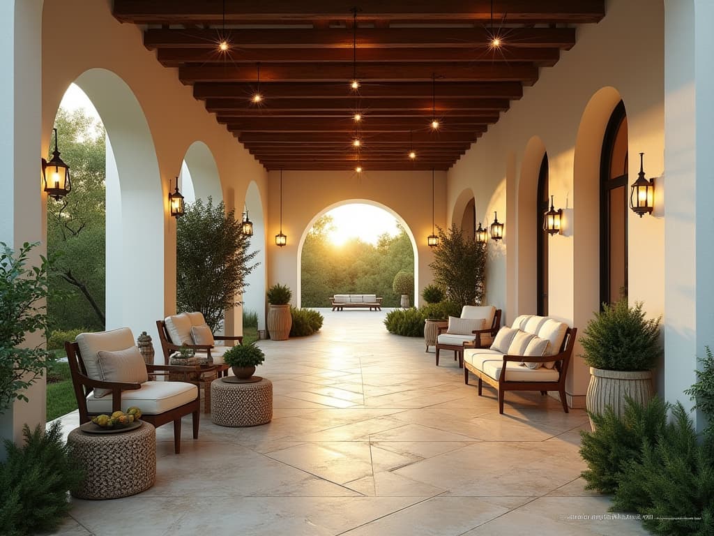  capture a stunning, hyperrealistic 8k photograph of a covered porch in mediterranean style, accentuating warm colors and rustic elements. this masterpiece, taken with a 24mm wide angle lens at sunset, features a dutch angle shot to creatively showcase the outdoor design including garden landscaping and architectural details. the image, professionally color graded, employs bright soft diffused light and is reminiscent of 1990s analog style with a hint of rollei retro film grain. dominant in tea green (rgb 208, 240, 192), complemented by white (rgb 255, 255, 255), and accented with conifer (rgb 172, 221, 77), this photo is dense in furnishings and decorations, unedited yet intricately detailed.