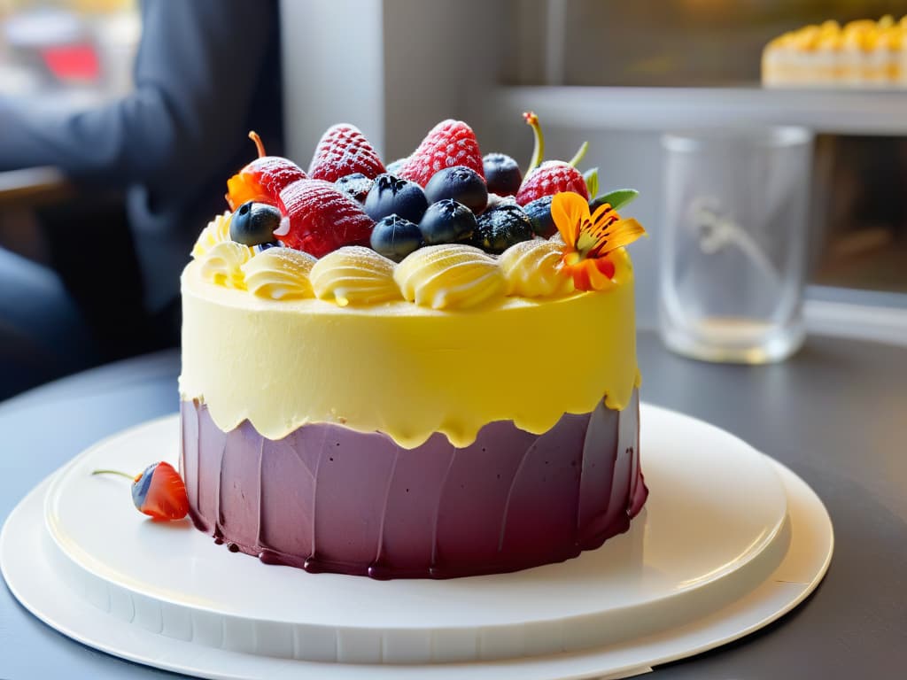  A closeup, photorealistic image of a vibrant, multilayered rainbow cake topped with fresh berries and edible flowers, presented on a sleek, modern plate against a softfocused background of a cozy café setting with warm lighting. The cake's layers are perfectly visible, showcasing a gradient of colors from deep purple at the bottom to soft pink at the top, creating an enticing visual appeal that complements the article's exploration of how colors impact the desserteating experience. hyperrealistic, full body, detailed clothing, highly detailed, cinematic lighting, stunningly beautiful, intricate, sharp focus, f/1. 8, 85mm, (centered image composition), (professionally color graded), ((bright soft diffused light)), volumetric fog, trending on instagram, trending on tumblr, HDR 4K, 8K