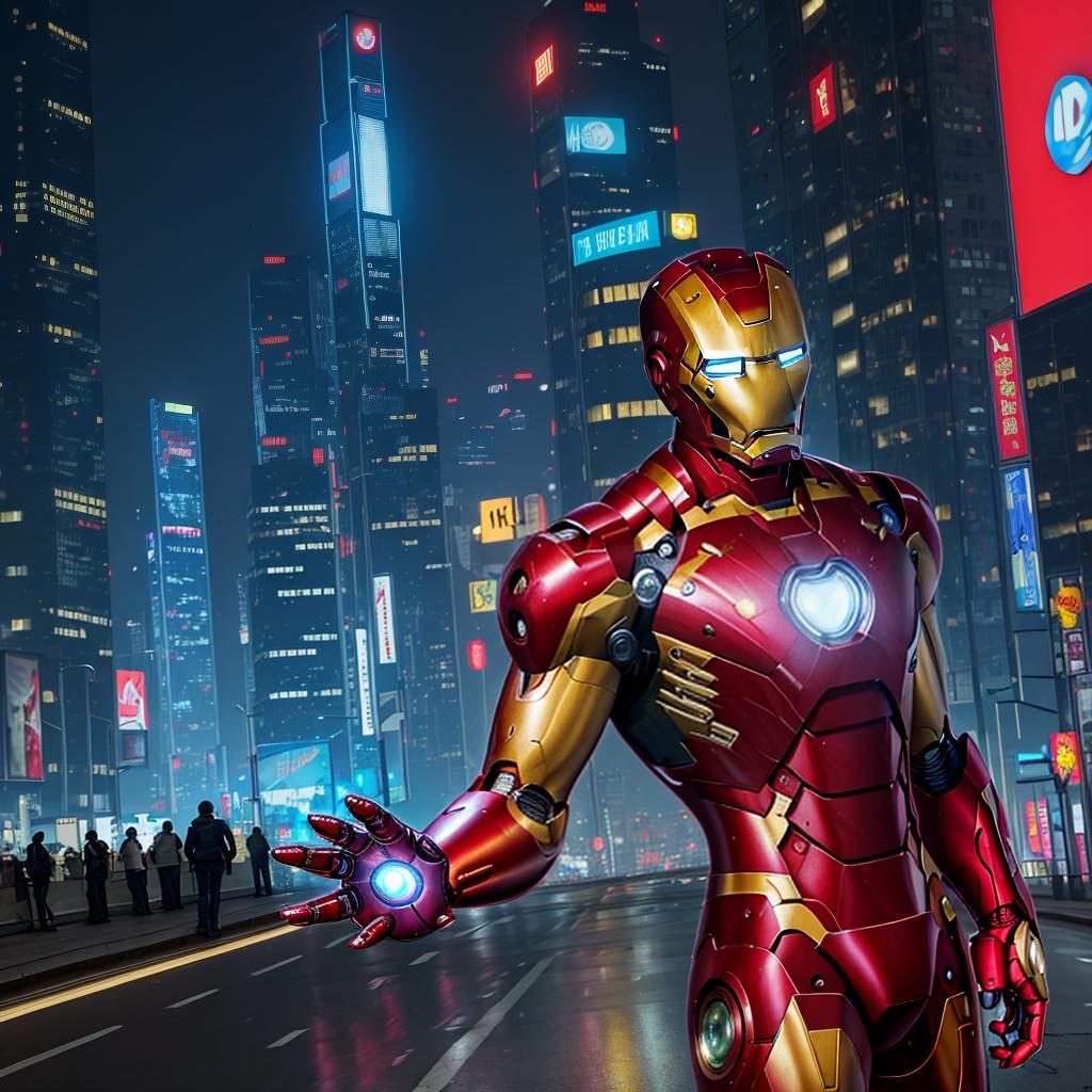  masterpiece, best quality, masterpiece, 8k resolution, realistic, highly detailed, Iron Man close-up. He stands on a street lined with tall buildings in a cyberpunk style city at night. The city's night lights are bright, and the surrounding buildings and streets are full of cyberpunk elements such as neon lights, high-tech equipment and futuristic architectural design.