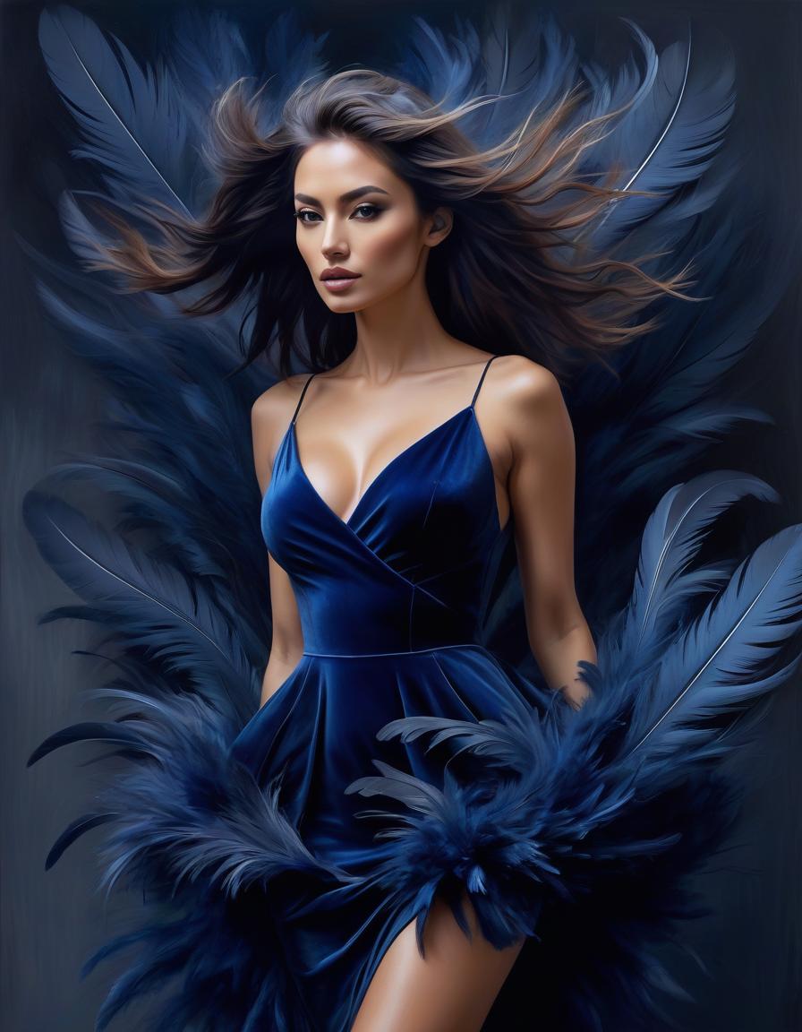  abstract expressionist painting Portrait of a beautiful girl in a dark blue velvet Lorrain dress, on beautiful hair adorned with soft feathers of dark blue colour . energetic brushwork, bold colors, abstract forms, expressive, emotional hyperrealistic, full body, detailed clothing, highly detailed, cinematic lighting, stunningly beautiful, intricate, sharp focus, f/1. 8, 85mm, (centered image composition), (professionally color graded), ((bright soft diffused light)), volumetric fog, trending on instagram, trending on tumblr, HDR 4K, 8K