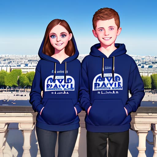  A realistic 3D image of a cute boy and girl with big eyes smiling and wearing a NAVY BLUE HOODIE AND SPORT SHOES, text: "DAVID" and "LINA" on the front dress, In PARIS the background, soft light refle