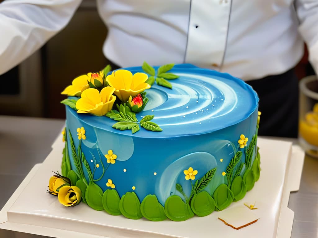  An ultradetailed closeup image of a pastry chef meticulously piping intricate floral designs with vibrant colored frosting onto a beautifully crafted cake. The chef's hands are steady and precise, showcasing the artistry and precision required in creating stunning designs in the world of creative pastry making. The image captures the delicate details of the frosting swirls, highlighting the fusion of technology and artistry in the realm of graphic design applied to the culinary arts. hyperrealistic, full body, detailed clothing, highly detailed, cinematic lighting, stunningly beautiful, intricate, sharp focus, f/1. 8, 85mm, (centered image composition), (professionally color graded), ((bright soft diffused light)), volumetric fog, trending on instagram, trending on tumblr, HDR 4K, 8K