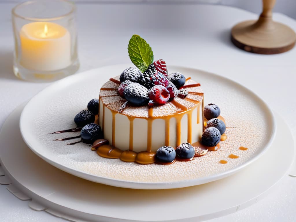  A highquality, ultradetailed image of a perfectly plated dessert on a sleek, white ceramic plate, with vibrant colors and intricate details. The dessert is surrounded by a sprinkle of powdered sugar, a drizzle of rich caramel sauce, and garnished with delicate mint leaves and fresh berries. The lighting is soft and natural, casting a gentle shadow under the dessert, highlighting its textures and inviting the viewer to indulge in its visual appeal. hyperrealistic, full body, detailed clothing, highly detailed, cinematic lighting, stunningly beautiful, intricate, sharp focus, f/1. 8, 85mm, (centered image composition), (professionally color graded), ((bright soft diffused light)), volumetric fog, trending on instagram, trending on tumblr, HDR 4K, 8K