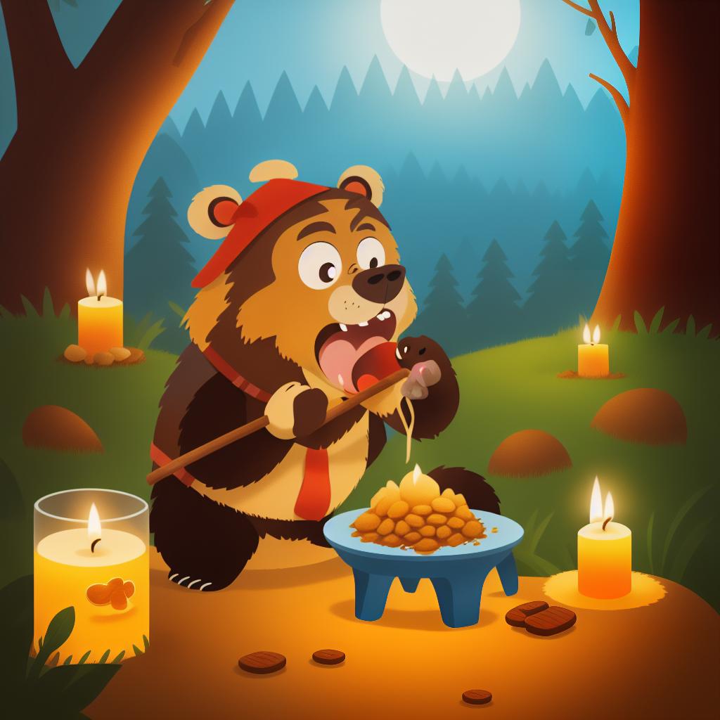  a angry and dangerous brown bear is eating honey, cabin, candle lights