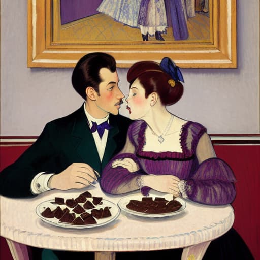  attractive young Parisian couple dressed in modern designer outfits who are romantically together in Paris. Foreground a small plate of fine dark chocolates on a bedside table. Background dusk with a light interior of the Louvre Museum. Painting style of Henri de Toulouse-Lautrec