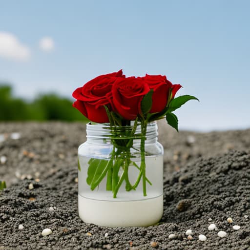 analog style glass jar with cream, surrounded by red roses, on a sunset hyperrealistic, full body, detailed clothing, highly detailed, cinematic lighting, stunningly beautiful, intricate, sharp focus, f/1. 8, 85mm, (centered image composition), (professionally color graded), ((bright soft diffused light)), volumetric fog, trending on instagram, trending on tumblr, HDR 4K, 8K