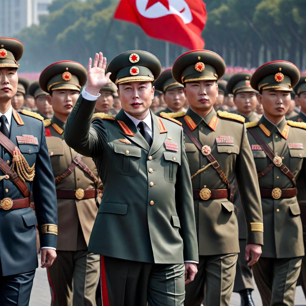  Elon Musk as the leader of North Korea, dressed in a traditional North Korean military uniform, waving to a crowd during a military parade. The image should capture the likeness of Elon Musk in a highly realistic manner, as if he were actually part of the event, with North Korean military officials and soldiers in the background, as well as flags and banners typical of a North Korean military parade. hyperrealistic, full body, detailed clothing, highly detailed, cinematic lighting, stunningly beautiful, intricate, sharp focus, f/1. 8, 85mm, (centered image composition), (professionally color graded), ((bright soft diffused light)), volumetric fog, trending on instagram, trending on tumblr, HDR 4K, 8K