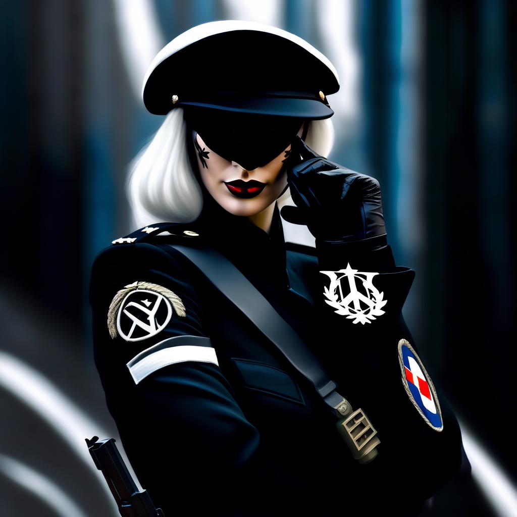  Digital painting style art, a girl with European features in a white black military uniform and a pistol in her hand with a black beret and a white Russian Federation emblem and a black mask with white hair, showing the sign of peace and a bandage on the sleeve with a clear inscription VEX. hyperrealistic, full body, detailed clothing, highly detailed, cinematic lighting, stunningly beautiful, intricate, sharp focus, f/1. 8, 85mm, (centered image composition), (professionally color graded), ((bright soft diffused light)), volumetric fog, trending on instagram, trending on tumblr, HDR 4K, 8K