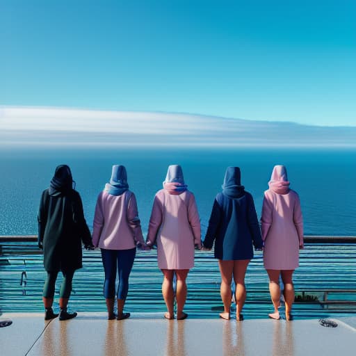  four women stand on the ground in the ocean in line and hold babies in their arms, view from the top, phoro ultra hd hyperrealistic, full body, detailed clothing, highly detailed, cinematic lighting, stunningly beautiful, intricate, sharp focus, f/1. 8, 85mm, (centered image composition), (professionally color graded), ((bright soft diffused light)), volumetric fog, trending on instagram, trending on tumblr, HDR 4K, 8K