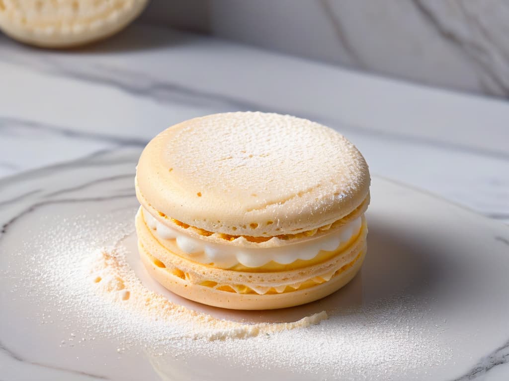  A closeup, ultrahigh resolution image of a perfectly baked, pastelcolored macaron with a smooth, glossy surface, delicately dusted with powdered sugar and sitting on a sleek, modern marble countertop. The soft, natural lighting highlights the intricate details of the macaron's delicate feet and perfectly smooth top, showcasing its elegant simplicity and inviting texture. hyperrealistic, full body, detailed clothing, highly detailed, cinematic lighting, stunningly beautiful, intricate, sharp focus, f/1. 8, 85mm, (centered image composition), (professionally color graded), ((bright soft diffused light)), volumetric fog, trending on instagram, trending on tumblr, HDR 4K, 8K