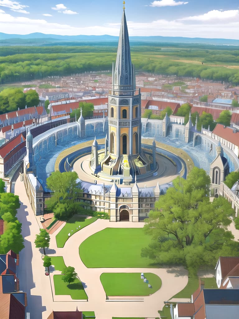  a architectural drawing of a new town square for Cambridge England, post apocalypse,  highest civilization level, Hyper detailed, big traditional musuem with columns, fountain in middle, classical design, dystopian design, suedo trees,