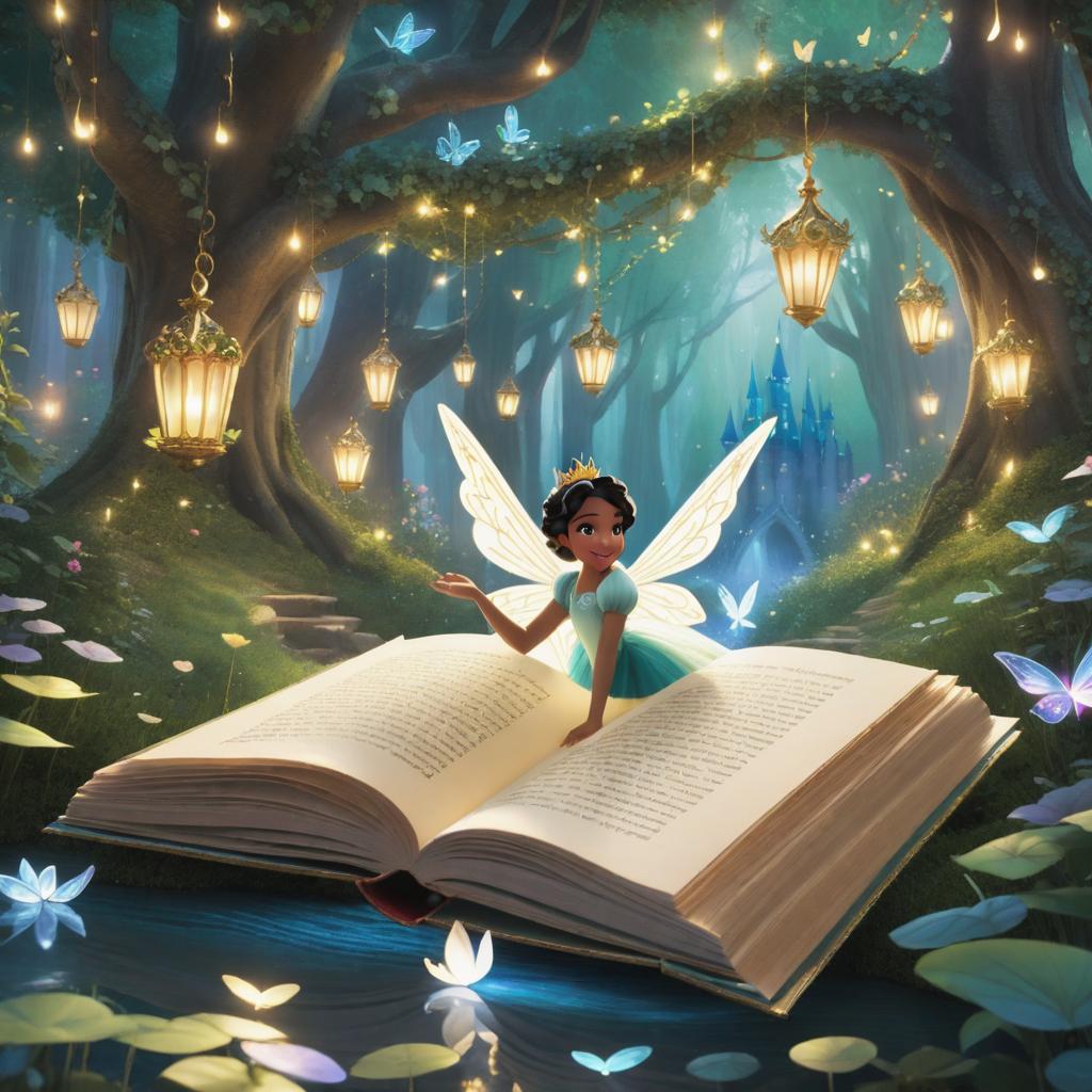  ((((Based on the original image, reflect the following:
1. Include a hand-holding gesture between the prince and the fairy to enhance the sense of unity and connection between the characters.
2. Add floating books and pages to the surrounding environment to create a more magical and whimsical atmosphere in line with the setting of the enchanted forest.
3. Utilize camera angles and lighting techniques to create a more dramatic interaction between the characters and the background. For example, using light and shadows to increase the tension in the story or emphasizing the sense of adventure as the characters explore the depths of the magical forest.))))

Image style: 'Dizney Ani Style'. Illustration style: The illustration style is vibrant a hyperrealistic, full body, detailed clothing, highly detailed, cinematic lighting, stunningly beautiful, intricate, sharp focus, f/1. 8, 85mm, (centered image composition), (professionally color graded), ((bright soft diffused light)), volumetric fog, trending on instagram, trending on tumblr, HDR 4K, 8K