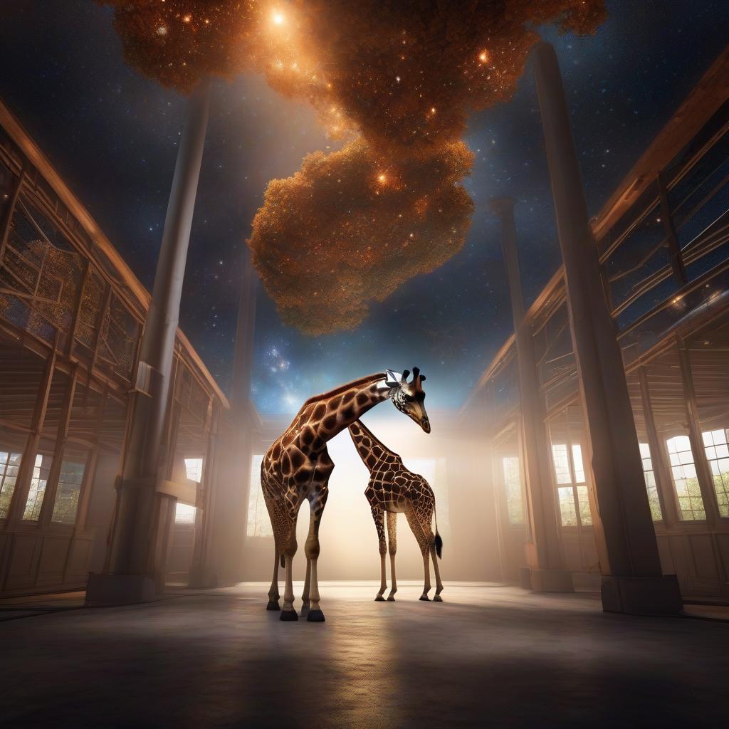  space themed A giraffe is a teacher in a school of giraffes. . cosmic, celestial, stars, galaxies, nebulas, planets, science fiction, highly detailed hyperrealistic, full body, detailed clothing, highly detailed, cinematic lighting, stunningly beautiful, intricate, sharp focus, f/1. 8, 85mm, (centered image composition), (professionally color graded), ((bright soft diffused light)), volumetric fog, trending on instagram, trending on tumblr, HDR 4K, 8K