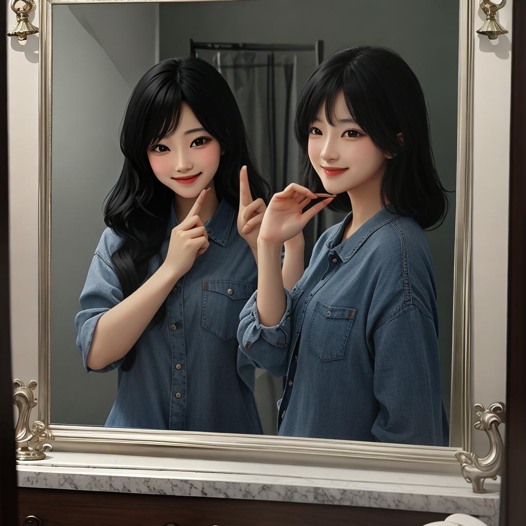  A black haired beautiful girl smiling and looking at the mirror