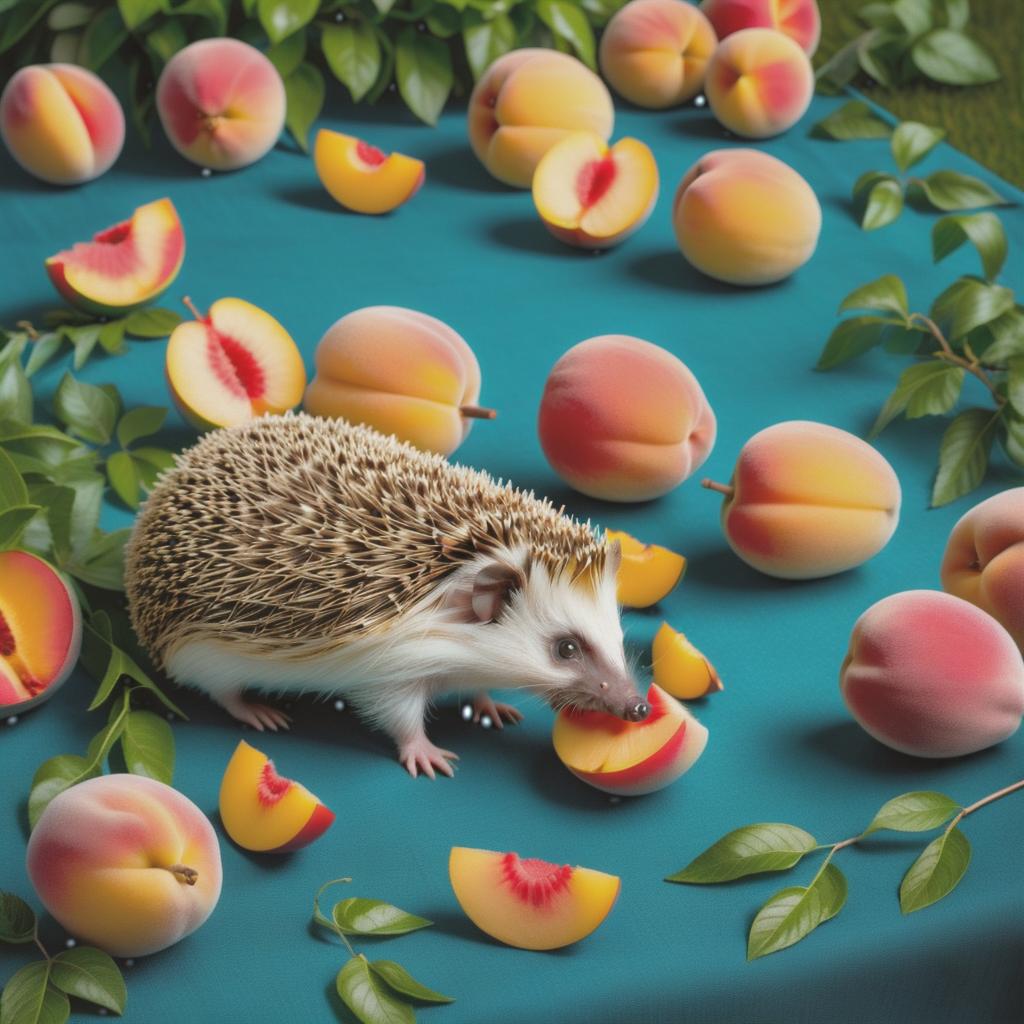  (Background) The time of year spring. A blossoming peach garden. On the lawn a blue tablecloth with golden fringe on the tablecloth two hedgehogs are sitting and eating a ripe watermelon slice. Ripe peaches are lying on the grass around the tablecloth. hyperrealistic, full body, detailed clothing, highly detailed, cinematic lighting, stunningly beautiful, intricate, sharp focus, f/1. 8, 85mm, (centered image composition), (professionally color graded), ((bright soft diffused light)), volumetric fog, trending on instagram, trending on tumblr, HDR 4K, 8K