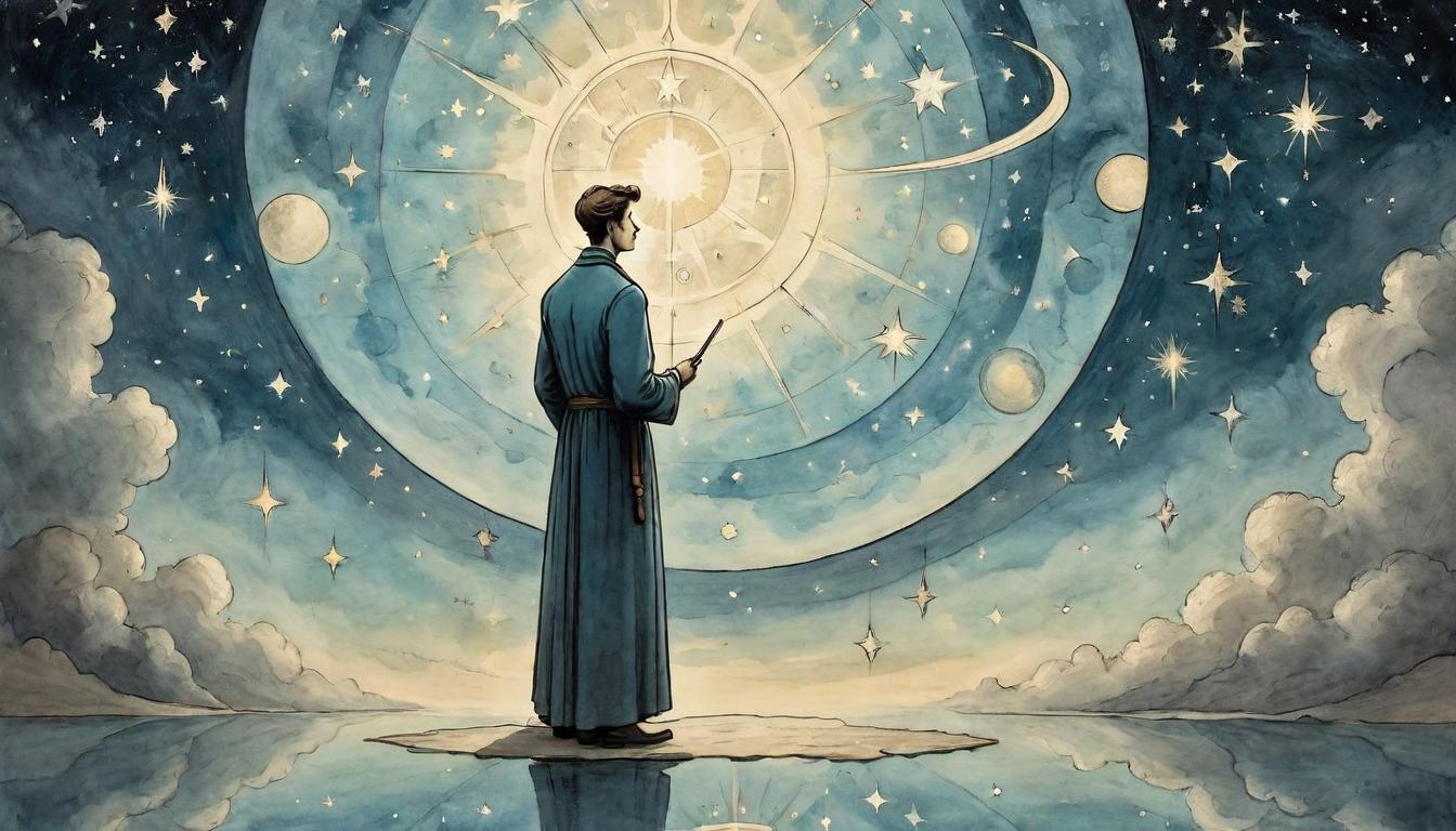  on parchment, surrealism+++, A mirror set against a starry backdrop reflecting a figure looking upwards, symbolizing introspection and elevated consciousness. Mirror, starry backdrop, figure reflected, looking upwards, introspective journey, elevated consciousness, star reflected contemplation, inward gaze.(mysterious, provocative, symbolic,muted color)+++