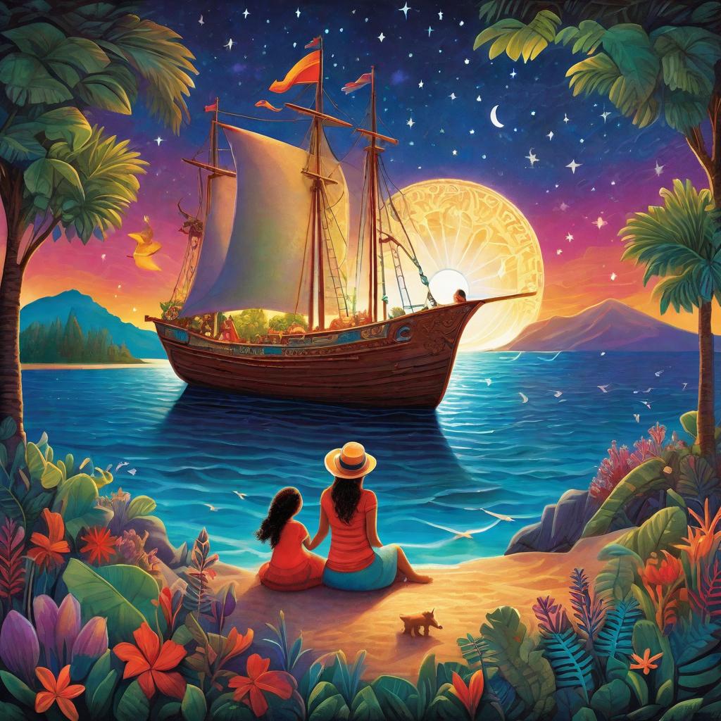  "A mother and her child nestled comfortably under a magical blanket that has transformed into a vividly colorful ship sailing under a star-spangled night sky towards a mystical island. The island is teeming with friendly, unusual animals of various shapes and sizes, all under a bright moonlight. In the center of the island, amidst the diverse fauna, there's a glowing stone radiating a soft, inviting light of peace and understanding. The mother and child look at each other with eyes filled with joy and anticipation, about to make their wish. The surrounding inhabitants and animals are observed in a moment of harmony and camaraderie, a testament to newly formed bonds and conflicts resolved. Despite the surreal elements, the atmosphere of the  hyperrealistic, full body, detailed clothing, highly detailed, cinematic lighting, stunningly beautiful, intricate, sharp focus, f/1. 8, 85mm, (centered image composition), (professionally color graded), ((bright soft diffused light)), volumetric fog, trending on instagram, trending on tumblr, HDR 4K, 8K