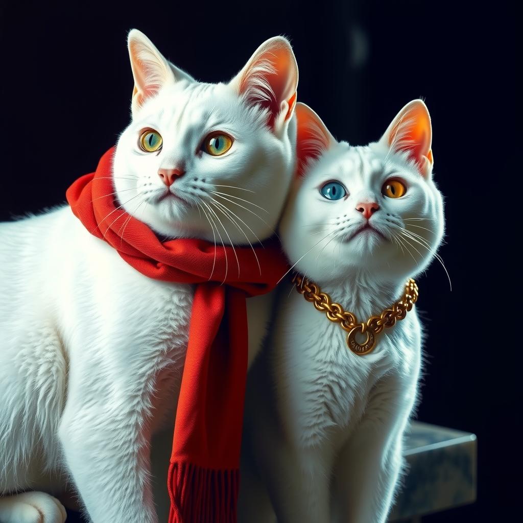  two white cat hyperrealistic, full body, detailed clothing, highly detailed, cinematic lighting, stunningly beautiful, intricate, sharp focus, f/1. 8, 85mm, (centered image composition), (professionally color graded), ((bright soft diffused light)), volumetric fog, trending on instagram, trending on tumblr, HDR 4K, 8K