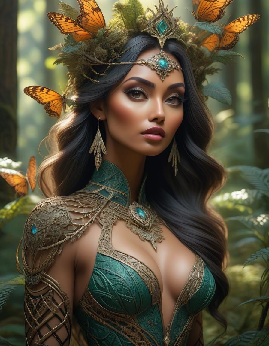  A stunning digital painting of a mysterious forest woman with intricate details, geometric patterns, and surreal elements. The artwork is highly detailed, photorealistic, and beautifully balanced, showcasing a masterful blend of fantasy and realism. hyperrealistic, full body, detailed clothing, highly detailed, cinematic lighting, stunningly beautiful, intricate, sharp focus, f/1. 8, 85mm, (centered image composition), (professionally color graded), ((bright soft diffused light)), volumetric fog, trending on instagram, trending on tumblr, HDR 4K, 8K