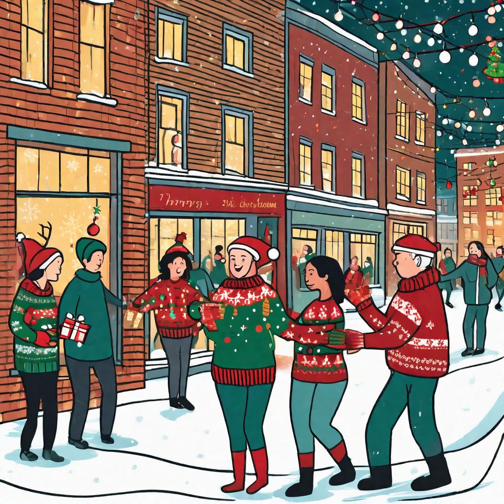  Subject and action: An office gift exchange with employees wearing festive sweaters. Setting and Background: A city street during the Christmas rush, adorned with festive lights and decorations. Mood and atmosphere: Recounting beloved holiday stories by the fireplace. Artistic style: Repetitive patterns with a modern twist.