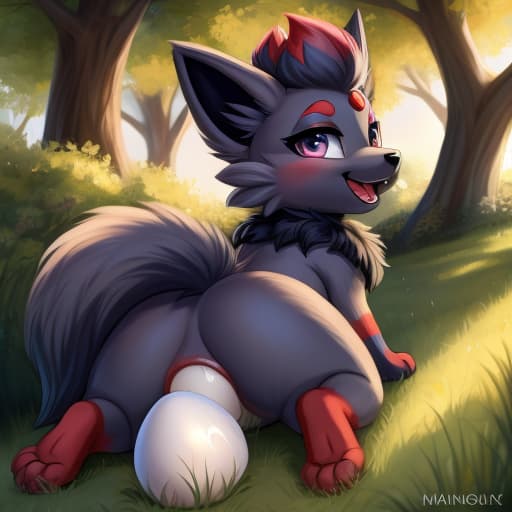  Zorua, feral fox, egg in ass, anal oviposition, view from behind,, open eyes, digital art, masterpiece, 4k, fine details,