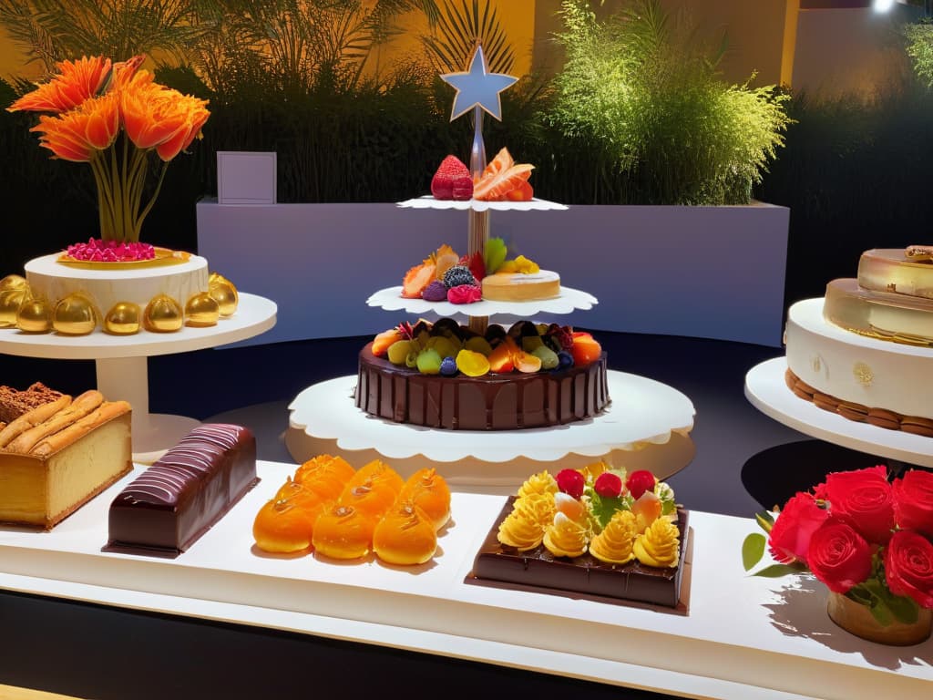  An ultradetailed image of a vibrant dessert festival scene depicting a fusion of traditional and modern dessert offerings from around the world. The foreground showcases a table laden with intricately designed pastries, cakes, and sweets, each exquisitely garnished with fresh fruits, edible flowers, and delicate chocolate drizzles. In the background, diverse festival attendees of all ages and ethnicities can be seen joyfully sampling the delectable treats, with colorful banners fluttering overhead and a backdrop of a picturesque sunset casting a warm glow over the scene. hyperrealistic, full body, detailed clothing, highly detailed, cinematic lighting, stunningly beautiful, intricate, sharp focus, f/1. 8, 85mm, (centered image composition), (professionally color graded), ((bright soft diffused light)), volumetric fog, trending on instagram, trending on tumblr, HDR 4K, 8K