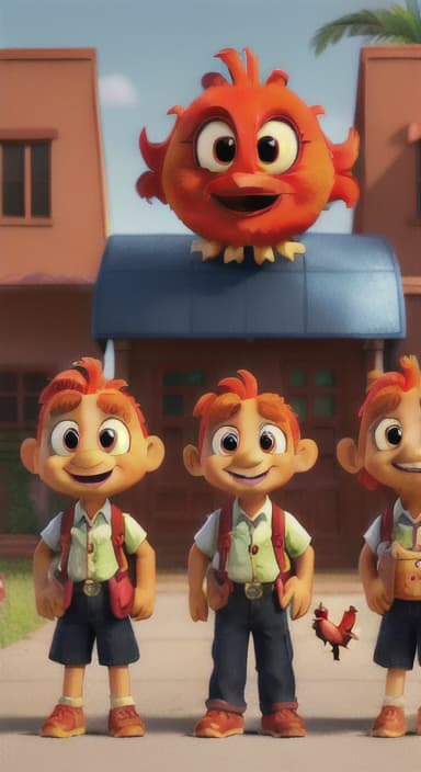  {Children and teachers looking at Rooster with wide eyes and big smiles near the school entrance., A bright red and orange rooster with shiny feathers and a curious expression; he wears a small backpack. Other characters throughout the story include young children, teachers, and various animals, all with friendly and approachable faces.