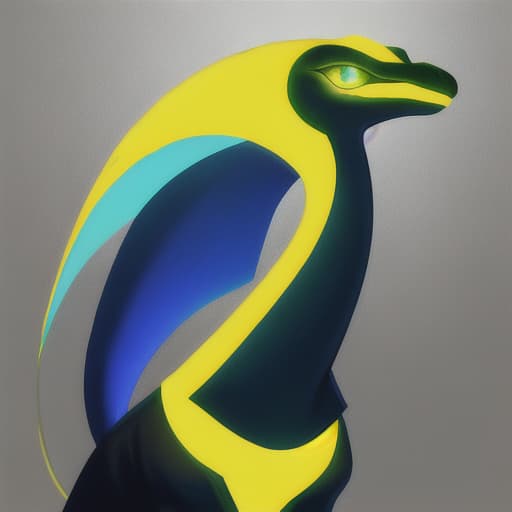  long necked reptile alien, wearing a large bead choker collar that is glowing mixed colors of yellow and blue around neck