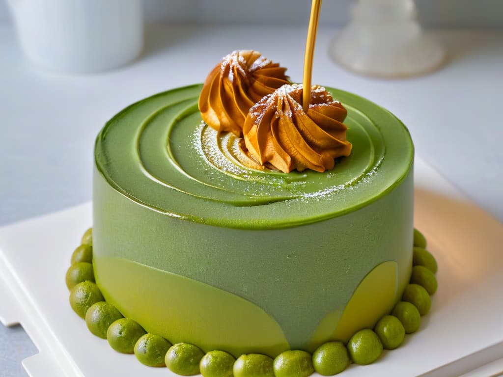  An intricate closeup of a delicate caramelized miso glaze being drizzled over a perfectly crafted umamiinfused matcha green tea cheesecake. The glossy glaze shimmers under a soft spotlight, highlighting the rich caramel tones and the vibrant green hue of the cheesecake, creating a mesmerizing contrast. The intricate swirls of the glaze delicately cascade over the edges of the dessert, showcasing the fusion of traditional and modern flavors in a visually stunning and minimalistic composition. hyperrealistic, full body, detailed clothing, highly detailed, cinematic lighting, stunningly beautiful, intricate, sharp focus, f/1. 8, 85mm, (centered image composition), (professionally color graded), ((bright soft diffused light)), volumetric fog, trending on instagram, trending on tumblr, HDR 4K, 8K