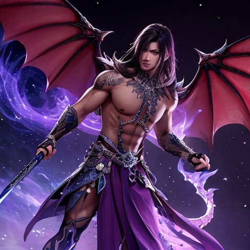  Dark, tattooed, muscles, male fae, violet eyes, with dragon wings, detailed jeweled sword. NoBackground hyperrealistic, full body, detailed clothing, highly detailed, cinematic lighting, stunningly beautiful, intricate, sharp focus, f/1. 8, 85mm, (centered image composition), (professionally color graded), ((bright soft diffused light)), volumetric fog, trending on instagram, trending on tumblr, HDR 4K, 8K