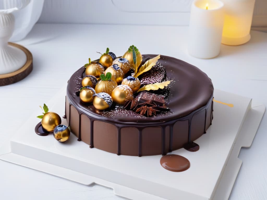  An ultradetailed 8K image of a decadent chocolate tart with a classic design and a modern twist, featuring intricate layers of rich chocolate ganache, topped with glossy chocolate glaze and delicate gold leaf accents, displayed on a sleek, minimalist white platter. hyperrealistic, full body, detailed clothing, highly detailed, cinematic lighting, stunningly beautiful, intricate, sharp focus, f/1. 8, 85mm, (centered image composition), (professionally color graded), ((bright soft diffused light)), volumetric fog, trending on instagram, trending on tumblr, HDR 4K, 8K