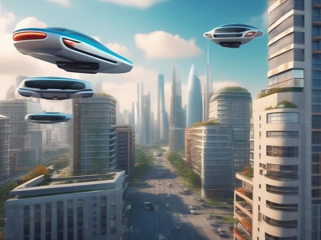  Modern megacity. City center. City square. Flying cars in the sky