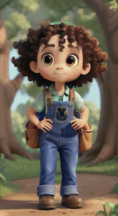  {The tree with a twinkling eye, while its leaves gently rustle., Riley, a curious with big brown eyes and curly hair, wearing overalls and carrying a small backpack. Their friend, Skye, a bluebird with shiny feathers.