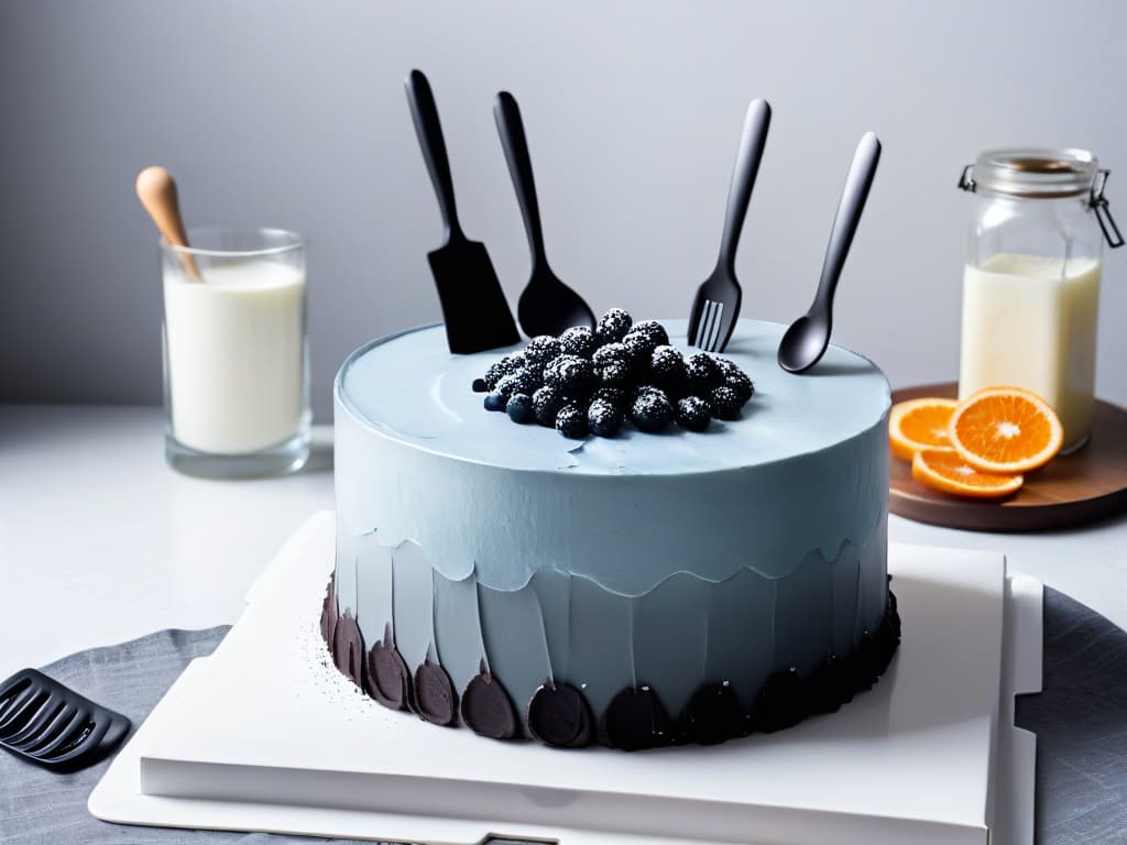  An 8k ultradetailed image of a sleek, modern kitchen countertop with neatly arranged baking utensils such as measuring cups, spatulas, whisks, and mixing bowls, all in shades of silver and black. The lighting is soft and natural, casting a gentle shadow of each utensil, creating a minimalist and elegant aesthetic perfect for a professional and inspirational tone in the article about crafting the perfect Minecraft cake for gamers. hyperrealistic, full body, detailed clothing, highly detailed, cinematic lighting, stunningly beautiful, intricate, sharp focus, f/1. 8, 85mm, (centered image composition), (professionally color graded), ((bright soft diffused light)), volumetric fog, trending on instagram, trending on tumblr, HDR 4K, 8K