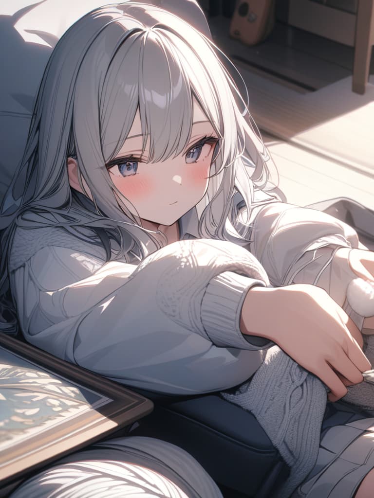  Gray hair, knitting one knitting, cute, cool, masterpiece, best quality,8k,ultra detailed,high resolution,an extremely delicate and beautiful,hyper detail