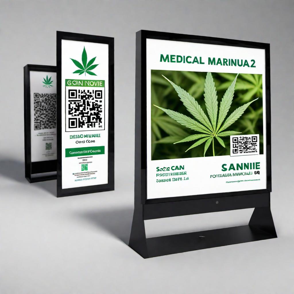  Design a 2 feet by 8 feet poster targeted for patients to scan a QR code for their medical marijuana license. Include a prominent, fictional QR code that is scannable and a generic logo related to medical marijuana. Ensure the design is clean and professional, suitable for medical use, with a color scheme that conveys health and wellness. Add text prompts such as 'Scan here for your Medical Marijuana License' and 'Fast, Secure, and Confidential'. Ensure the QR code and logo are the focal points. The style should be modern and inviting. hyperrealistic, full body, detailed clothing, highly detailed, cinematic lighting, stunningly beautiful, intricate, sharp focus, f/1. 8, 85mm, (centered image composition), (professionally color graded), ((bright soft diffused light)), volumetric fog, trending on instagram, trending on tumblr, HDR 4K, 8K