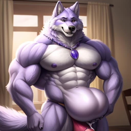  male, (Hyper muscular), wolf, anthropomorphic, purple and white fur, eyes without irises and pupils, full body (cock vore), (ejaculate), open eyes, digital art, masterpiece, 4k, fine details,