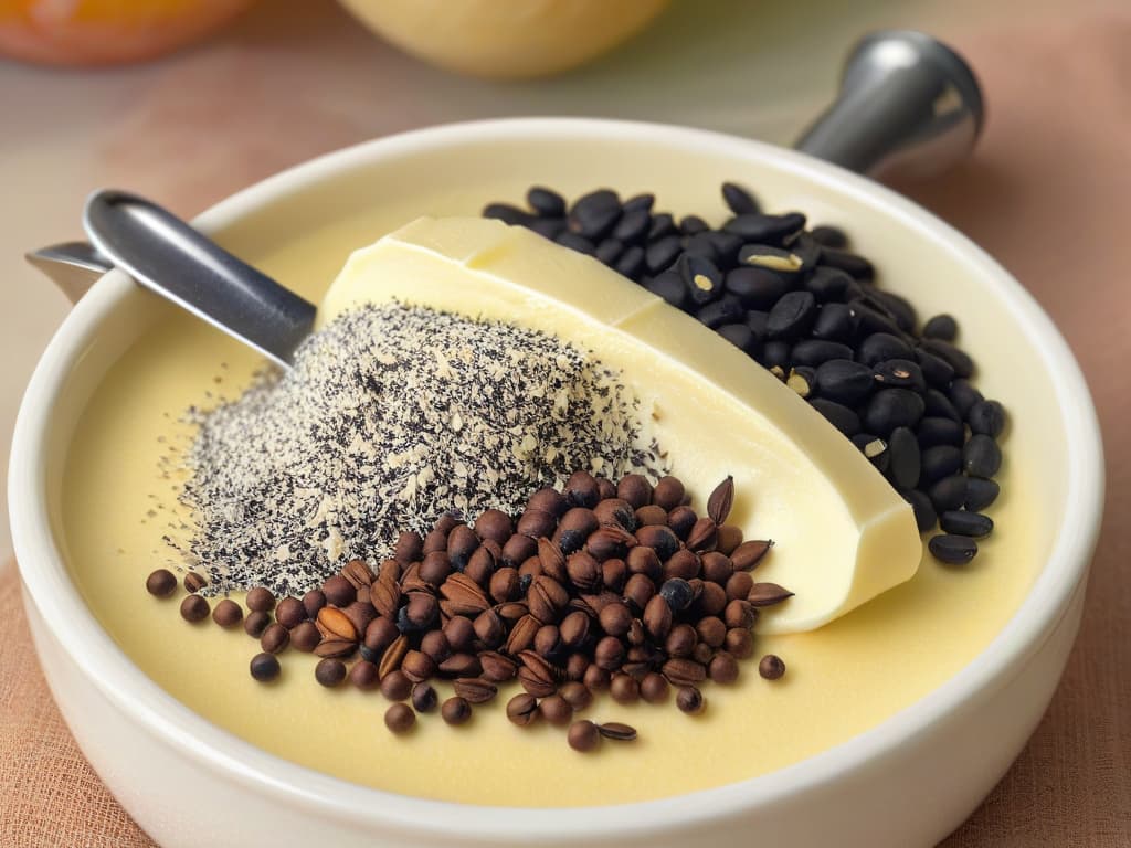  An ultradetailed closeup image of a delicate vanilla bean pod split open, revealing the tiny black seeds inside, against a softfocus background of pastelcolored mixing bowls and measuring spoons. The image showcases the intricate textures of the vanilla pod, capturing every tiny speck of the aromatic seeds and the fine lines of the pod's surface, creating a visually stunning and minimalist composition that conveys the essence of intensifying aromas in desserts. hyperrealistic, full body, detailed clothing, highly detailed, cinematic lighting, stunningly beautiful, intricate, sharp focus, f/1. 8, 85mm, (centered image composition), (professionally color graded), ((bright soft diffused light)), volumetric fog, trending on instagram, trending on tumblr, HDR 4K, 8K