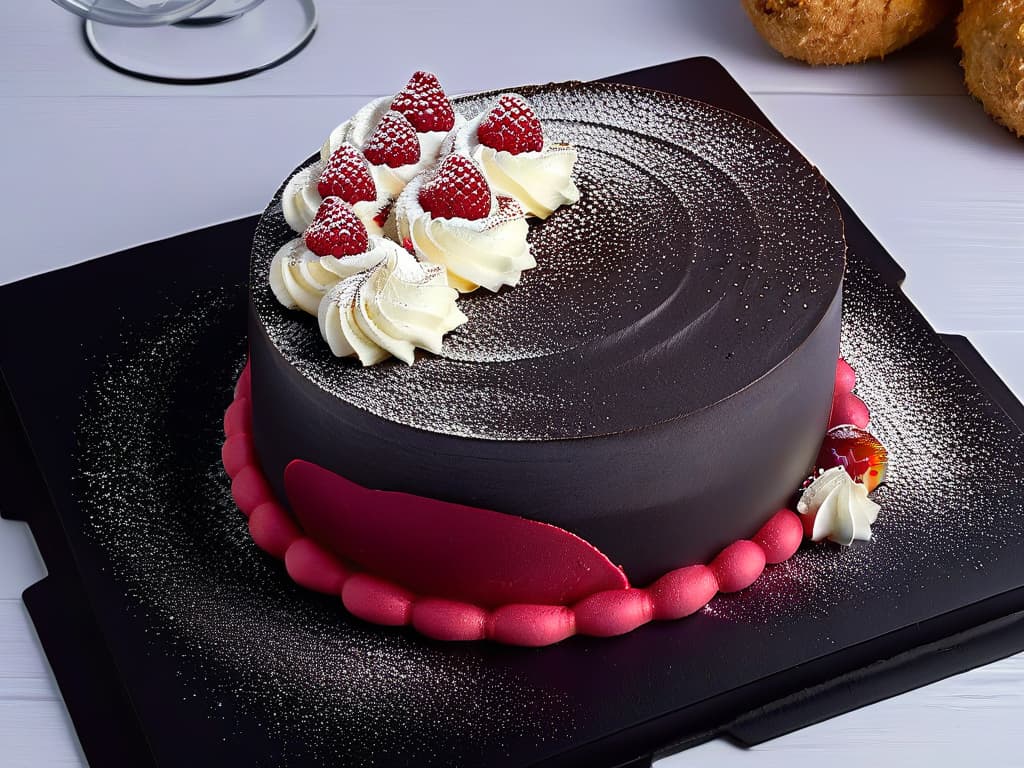  A closeup, ultradetailed shot of a perfectly piped swirl of velvety, white Mont Blanc cream delicately dusted with a sprinkle of vibrant red raspberry powder, set against a sleek, black slate platter. The smooth texture of the cream is highlighted by the soft lighting, showcasing the intricate details of the dessert with utmost clarity. hyperrealistic, full body, detailed clothing, highly detailed, cinematic lighting, stunningly beautiful, intricate, sharp focus, f/1. 8, 85mm, (centered image composition), (professionally color graded), ((bright soft diffused light)), volumetric fog, trending on instagram, trending on tumblr, HDR 4K, 8K